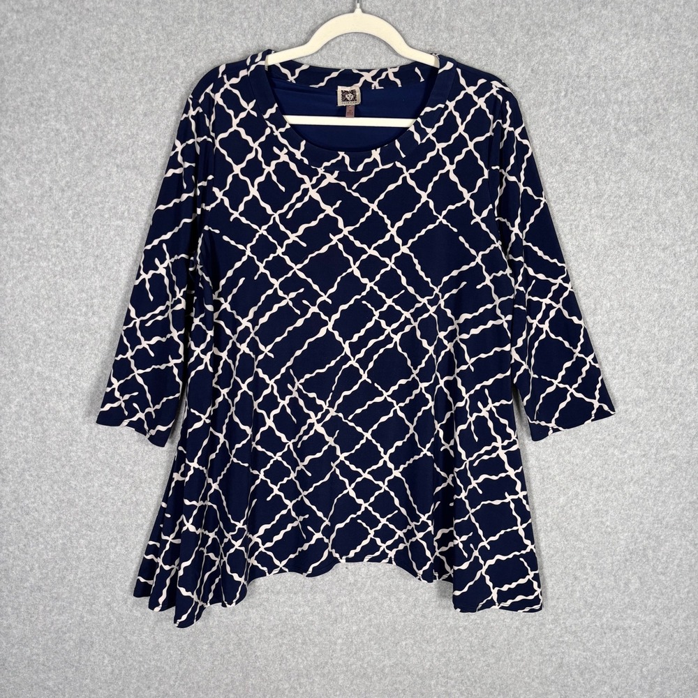 Anne Klein Slinky Tunic 2X Blue Sharkbite Flowy Artsy Liquid Wrinkle Resistant